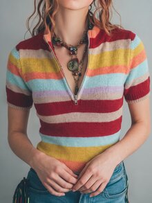 Glimmora American Retro Multi-Color Horizontal Striped Half-Zip Short Sleeve Knit Cardigan Slim Fit Cinched Waist Contrast Color Knit Top - Multicolor - View 5