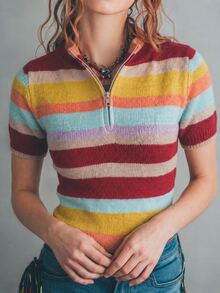 Glimmora American Retro Multi-Color Horizontal Striped Half-Zip Short Sleeve Knit Cardigan Slim Fit Cinched Waist Contrast Color Knit Top - Multicolor - View 4