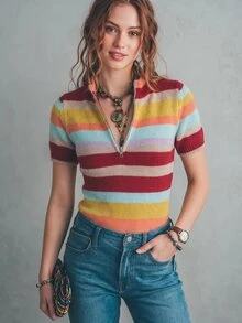 Glimmora American Retro Multi-Color Horizontal Striped Half-Zip Short Sleeve Knit Cardigan Slim Fit Cinched Waist Contrast Color Knit Top - Multicolor - View 1