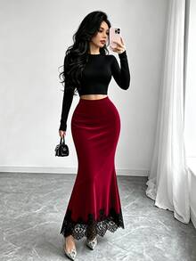 Elenzga Vintage Burgundy Velvet Elastic Waist Mid-Rise Slim Fit Bodycon Skirt With Black Lace Hem Patchwork For Women - Burgundy - View 5