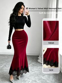 Elenzga Vintage Burgundy Velvet Elastic Waist Mid-Rise Slim Fit Bodycon Skirt With Black Lace Hem Patchwork For Women - Burgundy - View 3