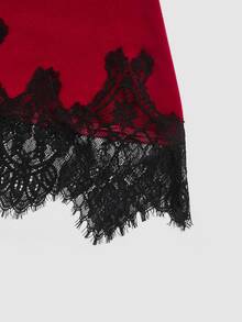Elenzga Vintage Burgundy Velvet Elastic Waist Mid-Rise Slim Fit Bodycon Skirt With Black Lace Hem Patchwork For Women - Burgundy - View 4