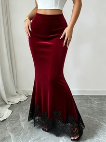Elenzga Vintage Burgundy Velvet Elastic Waist Mid-Rise Slim Fit Bodycon Skirt With Black Lace Hem Patchwork For Women - Burgundy - View 1