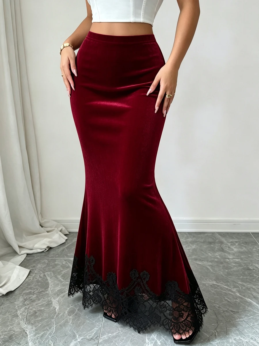 Elenzga Vintage Burgundy Velvet Elastic Waist Mid-Rise Slim Fit Bodycon Skirt With Black Lace Hem Patchwork For Women - Burgundy - View 1
