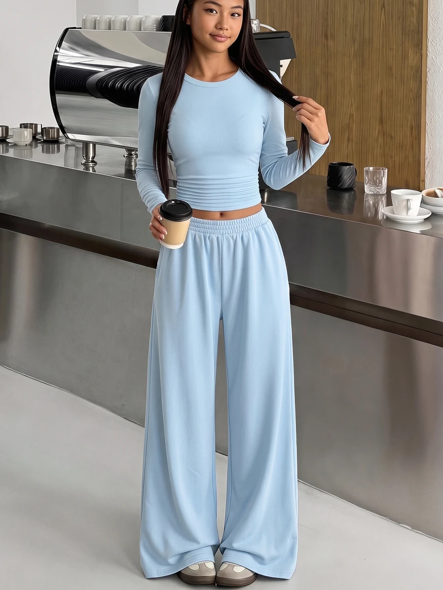 SHEIN Teen Girls Blue Ribbed Knit Top And Casual Vintage Sweatpants 2 Pieces Set, Spring/Autumn - Blue - View 1