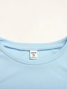 SHEIN 青少年女孩藍色羅紋針織上衣與休閒復古運動長褲 2 件套，春季/秋季 - 藍色 - 查看 4