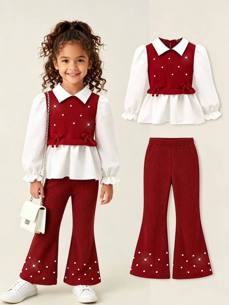 Elladie kids 女童休闲衬衫套装，卡其色蝴蝶结设计，串珠针织罗纹面料，白色长袖翻领荷叶边下摆衬衫，搭配卡其色珍珠喇叭裤，2 件套，适合返校季休闲、时尚、甜美、舒适的户外旅行装 - 酒紅色 - 查看 10