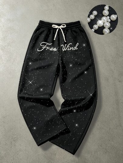 Pantalones de chándal casuales de uso diario para hombre con cintura con cordón, decoración de letras y perlas falsas