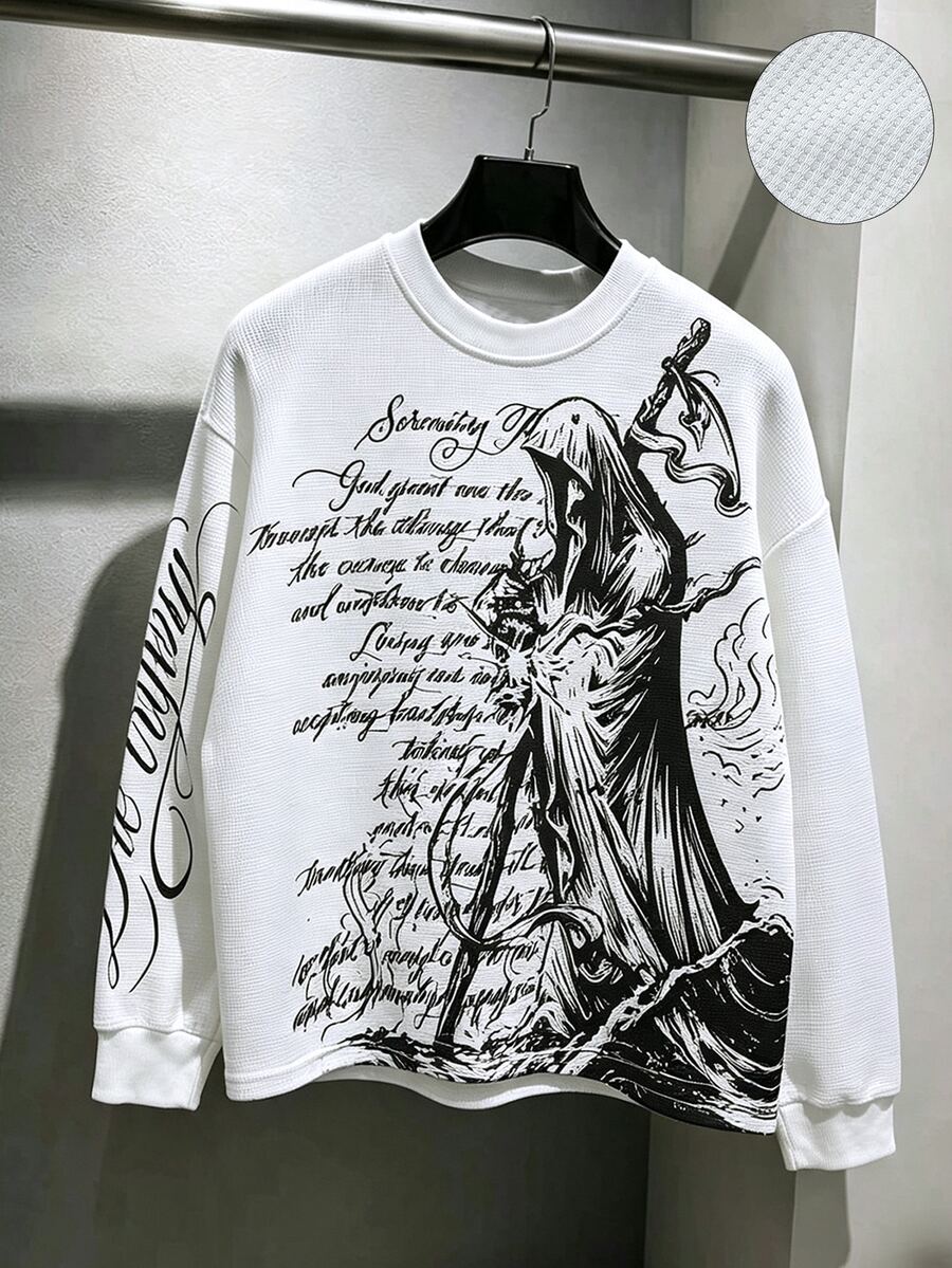 ROMWE MEN Men's Waffle Fabric Gothic Cross Print Pullover Sweatshirt, Suitable For Daily Wear In Autumn/Winter - White - View 1