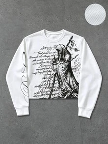 ROMWE MEN Men's Waffle Fabric Gothic Cross Print Pullover Sweatshirt, Suitable For Daily Wear In Autumn/Winter - White - View 5