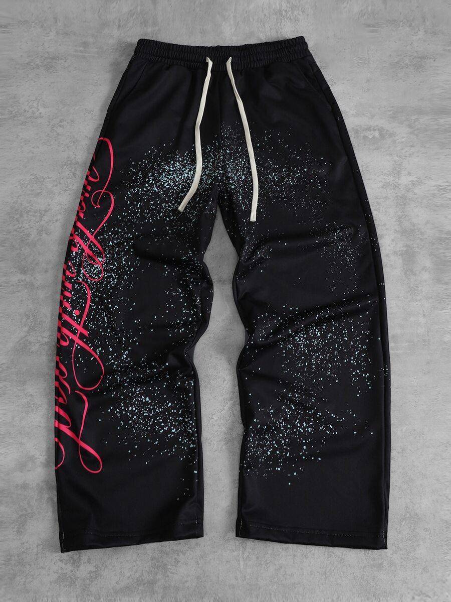 ROMWE MEN Men's Streetwear Loose Fit Polka Dot Print Sweatpants - Black - View 1