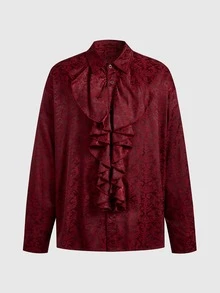 ROMWE MEN Goth 男士佩斯利印花荷葉邊襯衫 - 酒紅色 - 查看 6