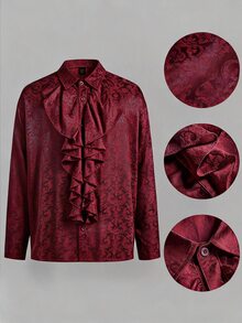 ROMWE MEN Goth 男士佩斯利印花荷葉邊襯衫 - 酒紅色 - 查看 7