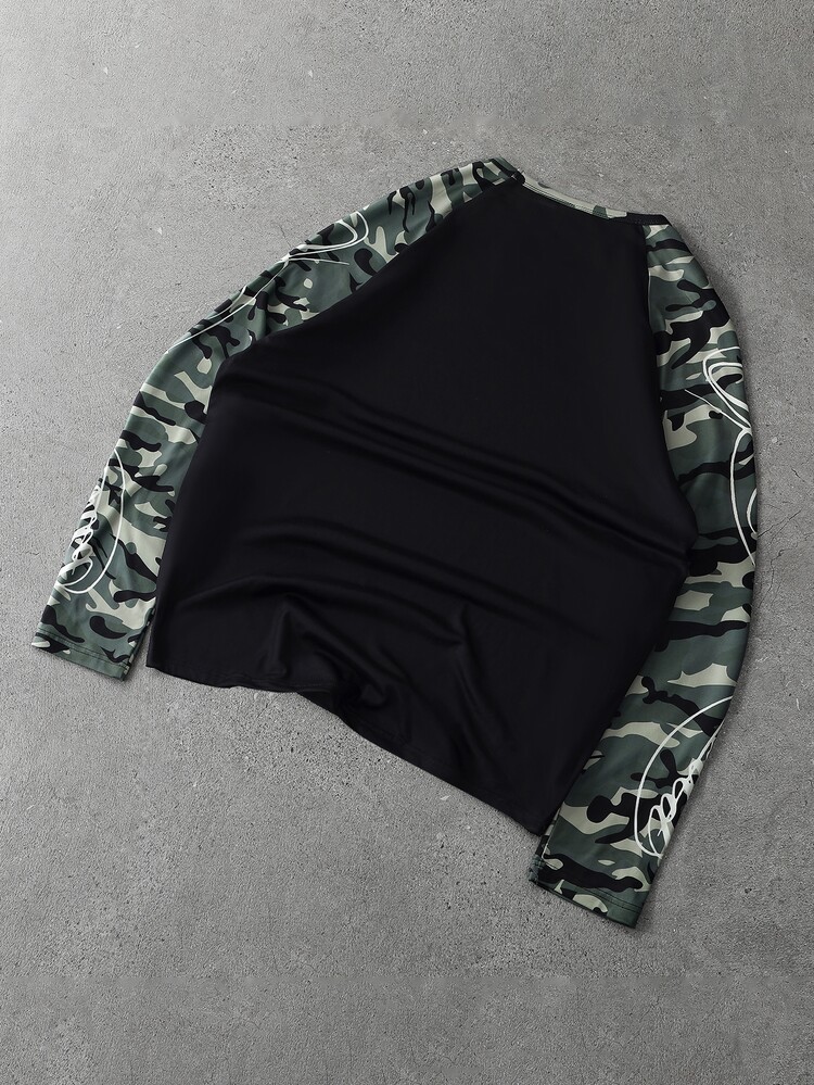 ROMWE MEN Camouflage Patchwork Loose Long Sleeve T-Shirt - Black - View 2