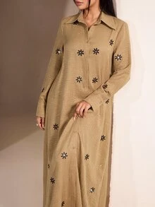 Veilorie Women's Fashionable Elegant Embroidered Rhinestone Single-Breasted Arabic Style Dress - Yellow - View 5