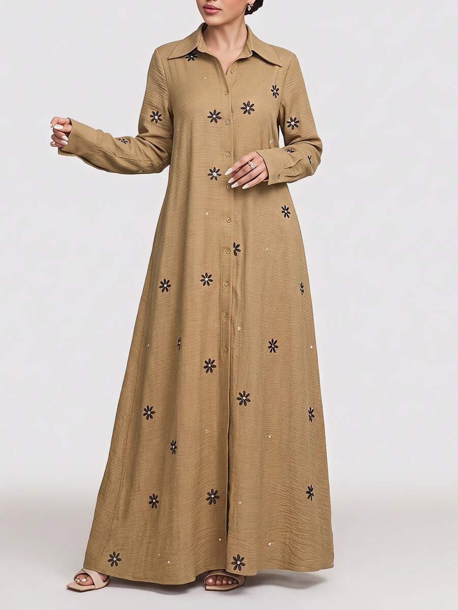 Veilorie Women's Fashionable Elegant Embroidered Rhinestone Single-Breasted Arabic Style Dress - Yellow - View 1
