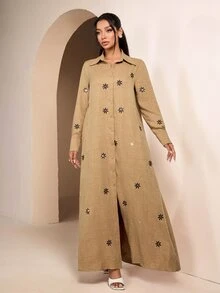 Veilorie Women's Fashionable Elegant Embroidered Rhinestone Single-Breasted Arabic Style Dress - Yellow - View 3