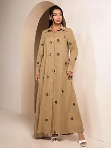 Veilorie Women's Fashionable Elegant Embroidered Rhinestone Single-Breasted Arabic Style Dress - Yellow - View 2