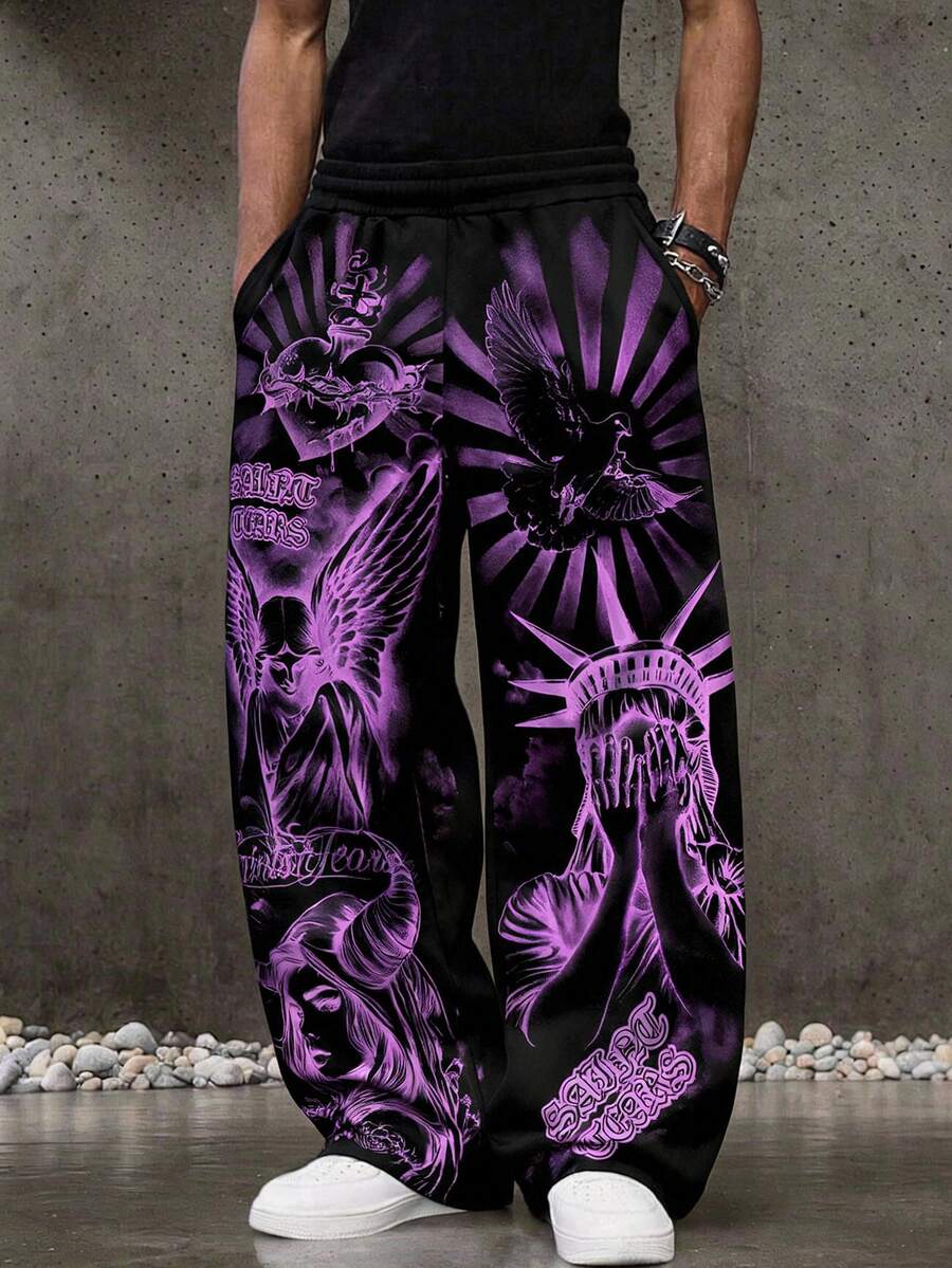 ROMWE MEN Street Life Teen Boys Angel Pattern Casual Versatile Daily Wear Sweatpants - Multicolor - View 1