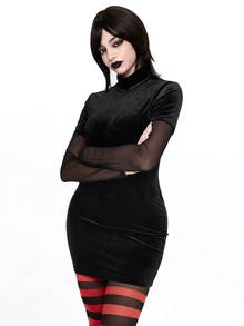 ROMWE Anime Halloween Cosplay Costume Velvet Contrast Color Mesh Sleeve Bodycon Elastic Mini Dress For Women, Autumn/Winter - Black - View 5