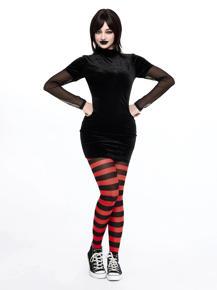 ROMWE Anime Halloween Cosplay Costume Velvet Contrast Color Mesh Sleeve Bodycon Elastic Mini Dress For Women, Autumn/Winter - Black - View 1