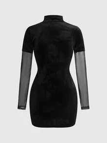 ROMWE Anime Halloween Cosplay Costume Velvet Contrast Color Mesh Sleeve Bodycon Elastic Mini Dress For Women, Autumn/Winter - Black - View 9