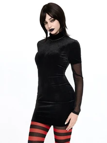 ROMWE Anime Halloween Cosplay Costume Velvet Contrast Color Mesh Sleeve Bodycon Elastic Mini Dress For Women, Autumn/Winter - Black - View 7