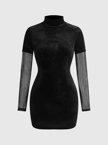 ROMWE Anime Halloween Cosplay Costume Velvet Contrast Color Mesh Sleeve Bodycon Elastic Mini Dress For Women, Autumn/Winter - Black - View 8