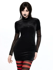 ROMWE Anime Halloween Cosplay Costume Velvet Contrast Color Mesh Sleeve Bodycon Elastic Mini Dress For Women, Autumn/Winter - Black - View 4