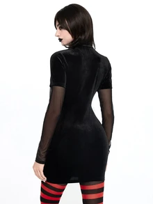 ROMWE Anime Halloween Cosplay Costume Velvet Contrast Color Mesh Sleeve Bodycon Elastic Mini Dress For Women, Autumn/Winter - Black - View 6