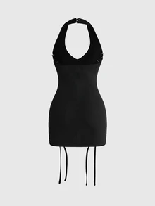 ROMWE Gaun Mini Wanita Model V-Neck Gaya Gothic Hitam Seksi dengan Hiasan Rivet, Warna Solid, Modis, Tali Silang Samping, Tanpa Punggung, Cocok untuk Konser, Musim Panas dan Gugur, Gaya Y2K. - Hitam - View 2