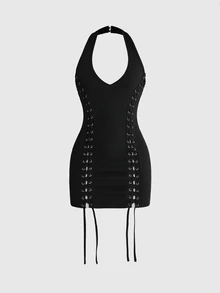 ROMWE Gaun Mini Wanita Model V-Neck Gaya Gothic Hitam Seksi dengan Hiasan Rivet, Warna Solid, Modis, Tali Silang Samping, Tanpa Punggung, Cocok untuk Konser, Musim Panas dan Gugur, Gaya Y2K. - Hitam - View 5
