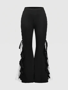 ROMWE Goth Women's Vintage Glamorous Ruffle Contrast Color Lace Trim Tie-Up Flare Leg Long Pants - Black and White - View 4