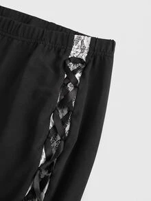 ROMWE Goth Women's Vintage Glamorous Ruffle Contrast Color Lace Trim Tie-Up Flare Leg Long Pants - Black and White - View 6