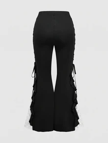 ROMWE Goth Women's Vintage Glamorous Ruffle Contrast Color Lace Trim Tie-Up Flare Leg Long Pants - Black and White - View 5