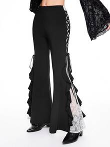 ROMWE Goth Women's Vintage Glamorous Ruffle Contrast Color Lace Trim Tie-Up Flare Leg Long Pants - Black and White - View 3