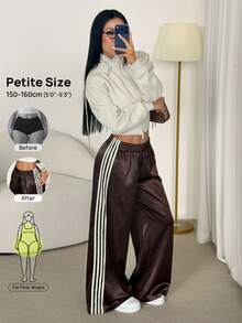 SHEIN PETITE Women's Elastic Waist Colorblock Casual Versatile Daily Wear Long Pants - Coffee Brown - View 6