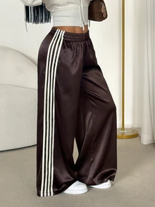 SHEIN PETITE Women's Elastic Waist Colorblock Casual Versatile Daily Wear Long Pants - Coffee Brown - View 11