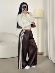 SHEIN PETITE Women's Elastic Waist Colorblock Casual Versatile Daily Wear Long Pants - Coffee Brown - View 9