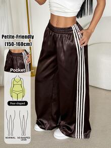 SHEIN PETITE Women's Elastic Waist Colorblock Casual Versatile Daily Wear Long Pants - Coffee Brown - View 3
