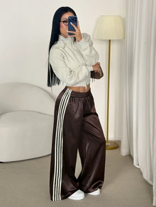 SHEIN PETITE Women's Elastic Waist Colorblock Casual Versatile Daily Wear Long Pants - Coffee Brown - View 10