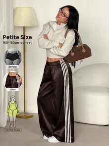 SHEIN PETITE Women's Elastic Waist Colorblock Casual Versatile Daily Wear Long Pants - Coffee Brown - View 4