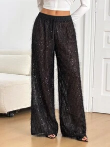 SHEIN Tall High Waist Wide Leg Sheer Mesh Sequin Fringe Pants - Black - View 5