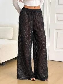 SHEIN Tall High Waist Wide Leg Sheer Mesh Sequin Fringe Pants - Black - View 6