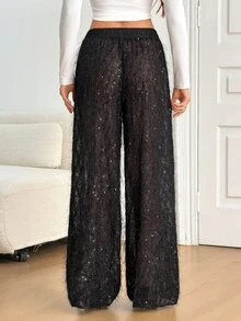 SHEIN Tall High Waist Wide Leg Sheer Mesh Sequin Fringe Pants - Black - View 2