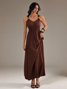 SHEIN Tall Gaun Tanpa Lengan Elegan Wanita Warna Polos dengan Detail Kerut di Pinggang - Coklat - View 3