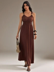 SHEIN Tall Gaun Tanpa Lengan Elegan Wanita Warna Polos dengan Detail Kerut di Pinggang - Coklat - View 4