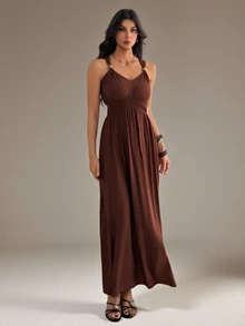 SHEIN Tall Gaun Tanpa Lengan Elegan Wanita Warna Polos dengan Detail Kerut di Pinggang - Coklat - View 6