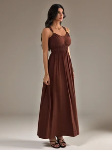 SHEIN Tall Gaun Tanpa Lengan Elegan Wanita Warna Polos dengan Detail Kerut di Pinggang - Coklat - View 5