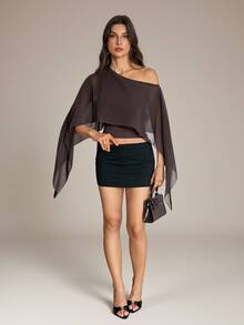 SHEIN Tall Atasan Crop Top Wanita Elegan Warna Polos dengan Patchwork Jala dan Bahu Asimetris, Atasan Musim Panas - Coklat - View 1